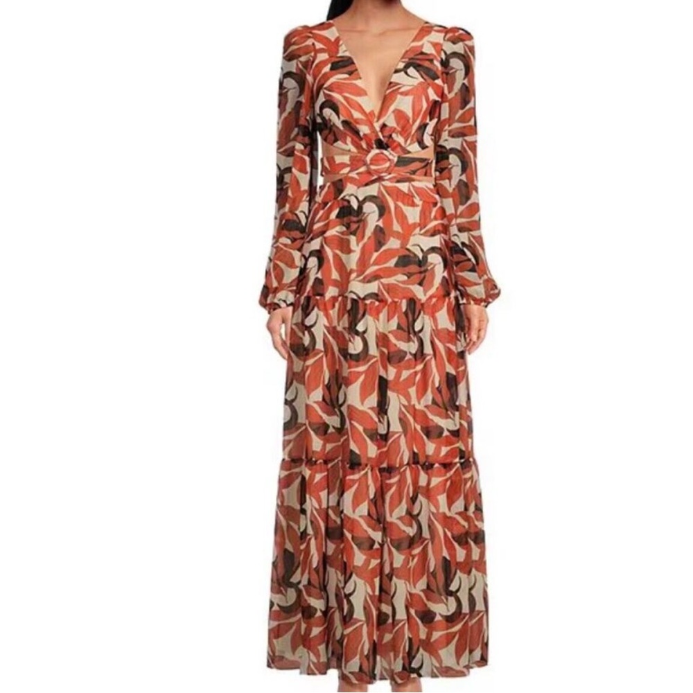 Gianni Bini Lillian Copper Palm Print Deep V-Neck Cut-Out Tiered Dress size 6